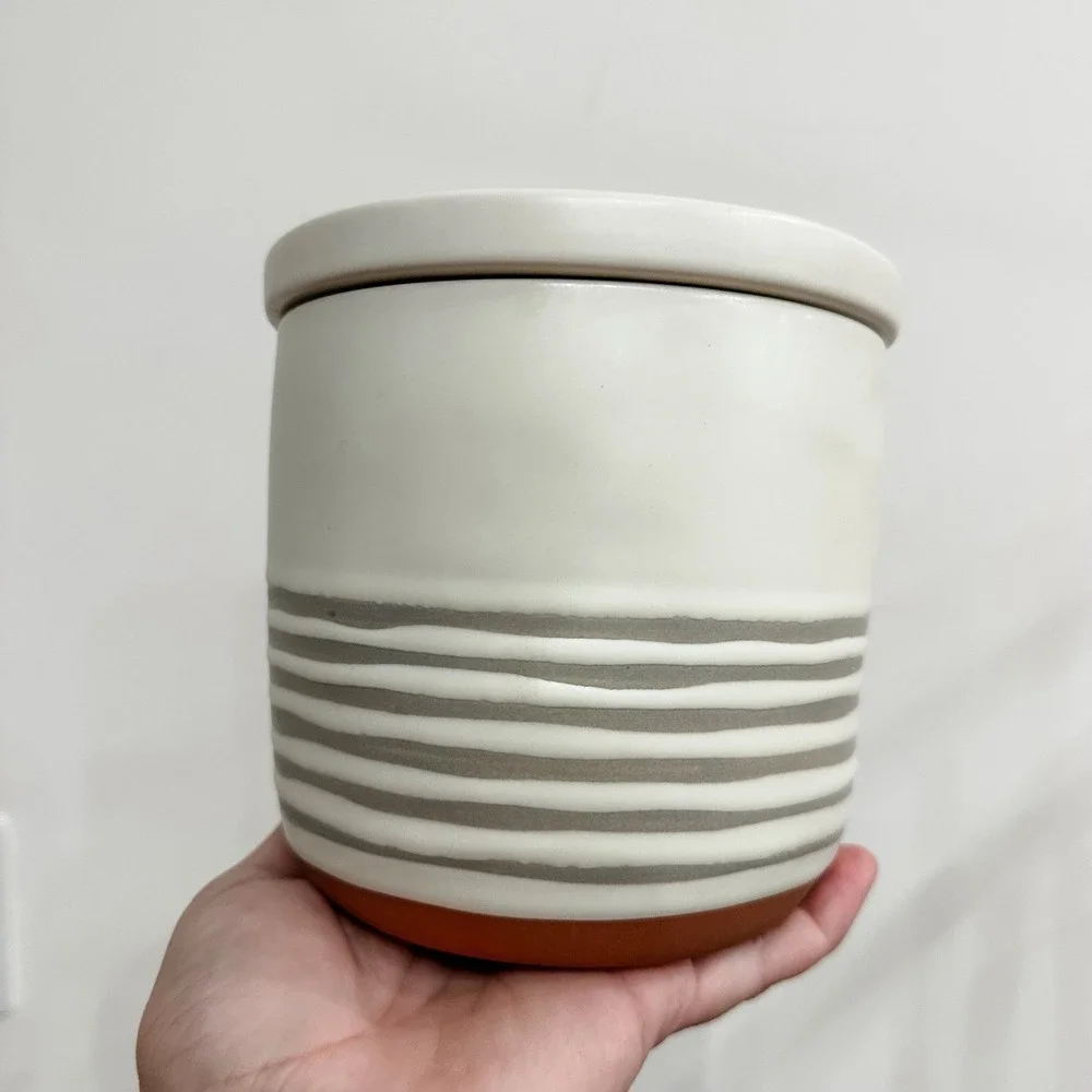 Hearth & Hand‎ Magnolia Stoneware 3 Crocks Cream & Gray Stripes w/ Lids Lg Md Sm